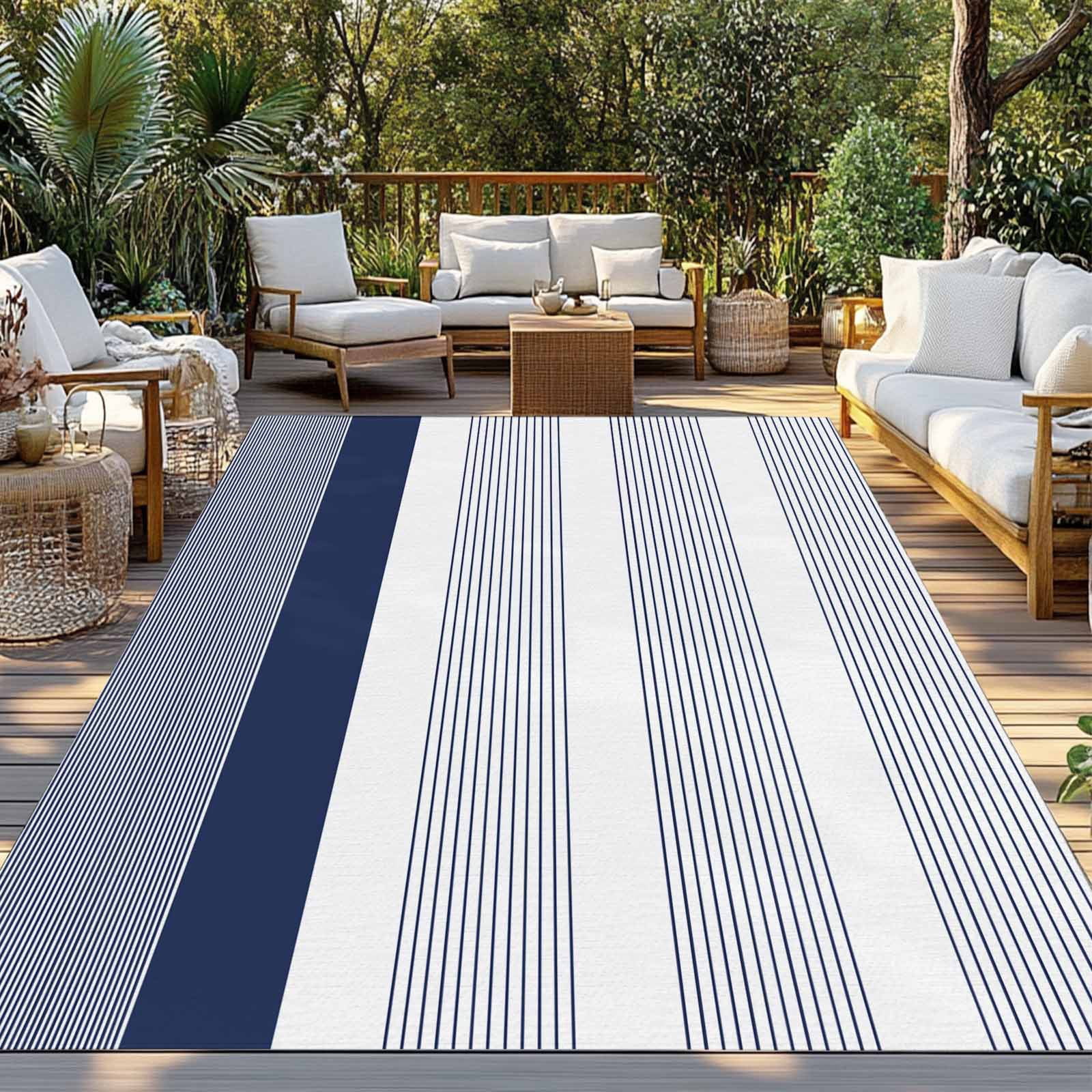 3' x 5' Outdoor Rug, Navy Blue Stripe Outdoor Washable Rug Large Floor Carpet, Modern Rustic Horizontal Blue Striped Non Shedding Area Rug for Outside Patio RV Porch Deck Balcony Camping Living Room