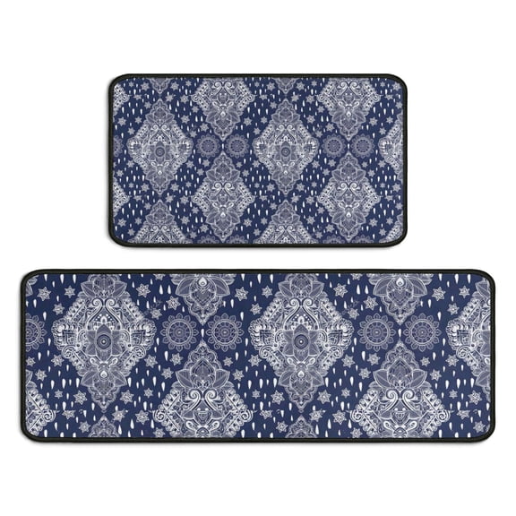 Blue and White Ethnic Floral Pattern Kitchen Rugs Sets Of 2,Anti Fatigue Kitchen Mat Rugs Non Slip Washable,Decorative Kitchen Floor Mats for Kitchen,Sink,Laundry,17"X30" 17"X47"