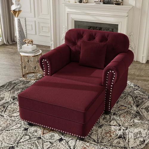Dtwnek 41.3" Upholstered Velvet Sofa Chair with Ottoman, Modern Accent Chair for Living Room, Bedroom, Office, Wine Red