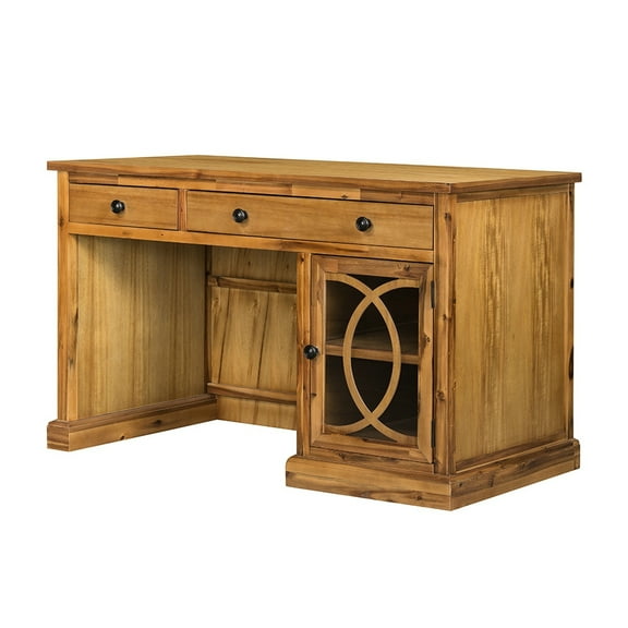 Brown Desk With Ample Drawer Space And A Distinctive Glass Cabinet Productive Workspace Option: 2 Drawers
