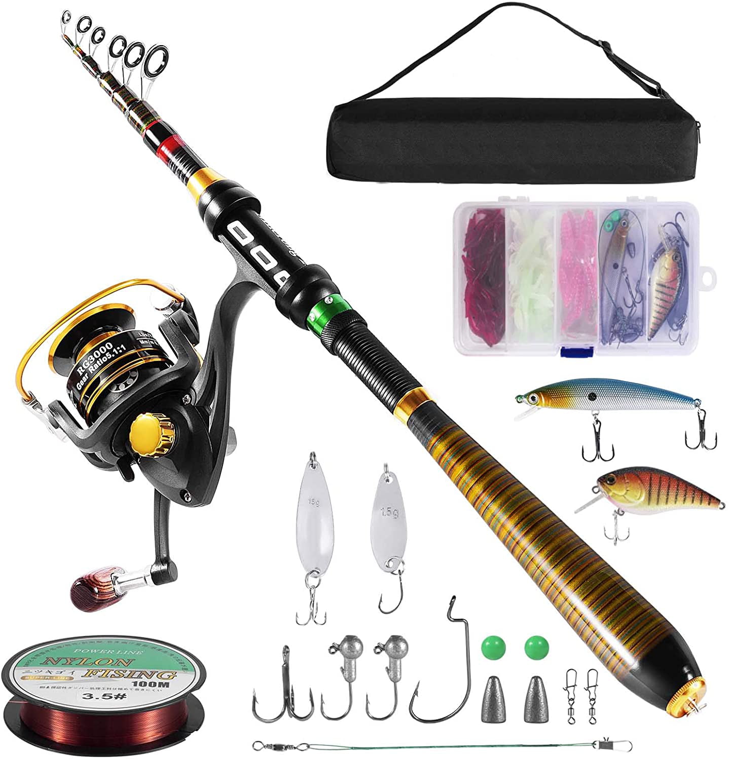 Telescopic Spinning Fishing Rod and Reel Combo Gear Tackle Saltwater Freshwater 