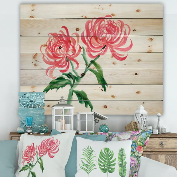 Designart 'Ancient Purple Chrysanthemum Flower' Traditional Print on Natural Pine Wood