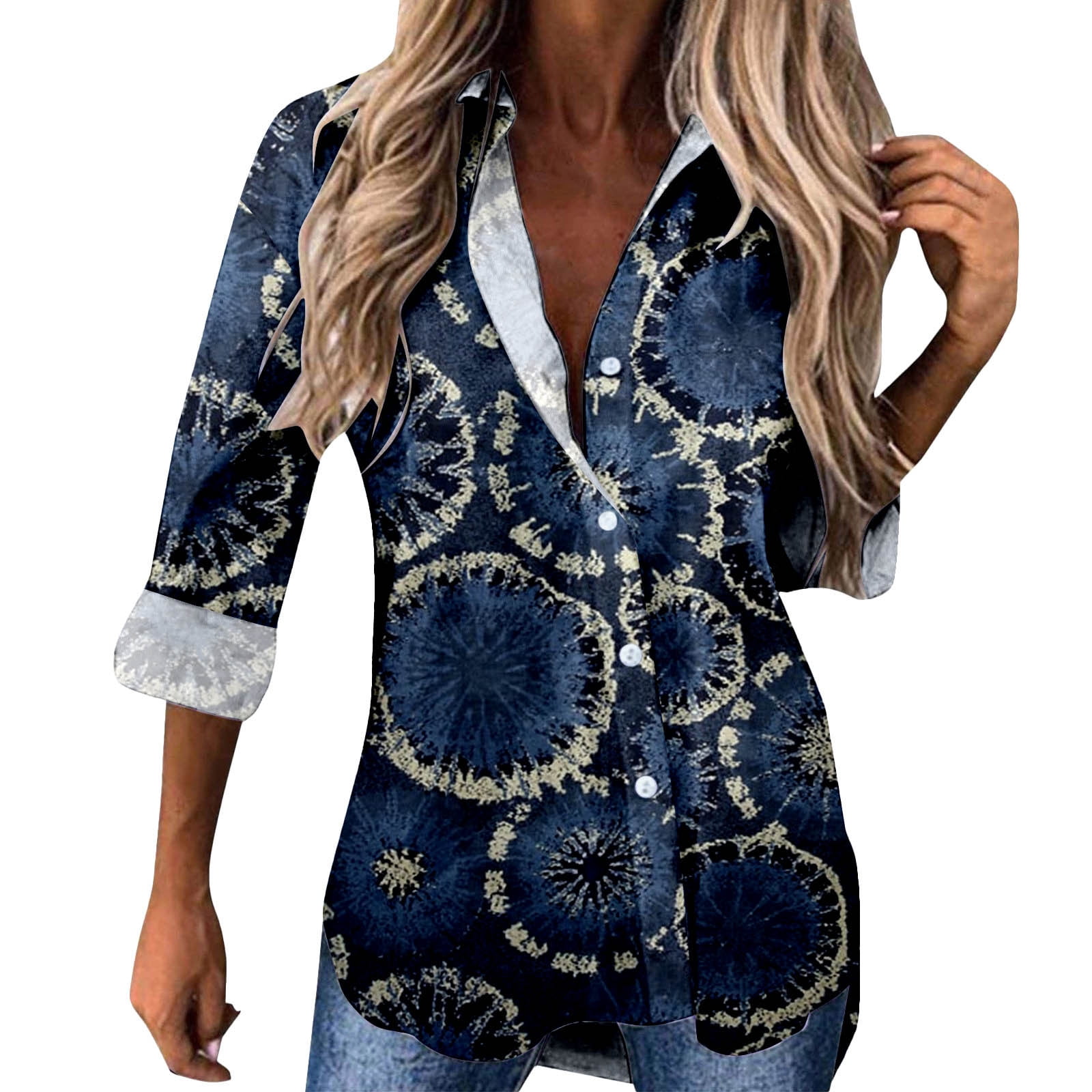 adviicd Blouses for Women Lapel Shirt Long Sleeve Shirt Print Long
