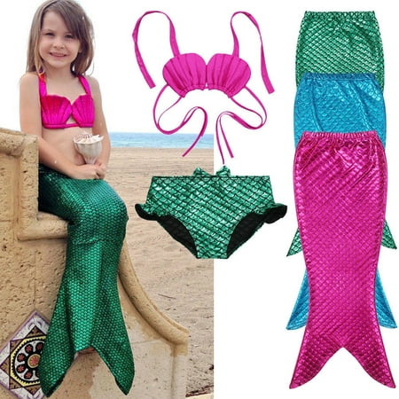 3PCS Girl Kids Mermaid Tail Swimmable Bikini Set Bathing Suit Fancy Costume 3-9Year