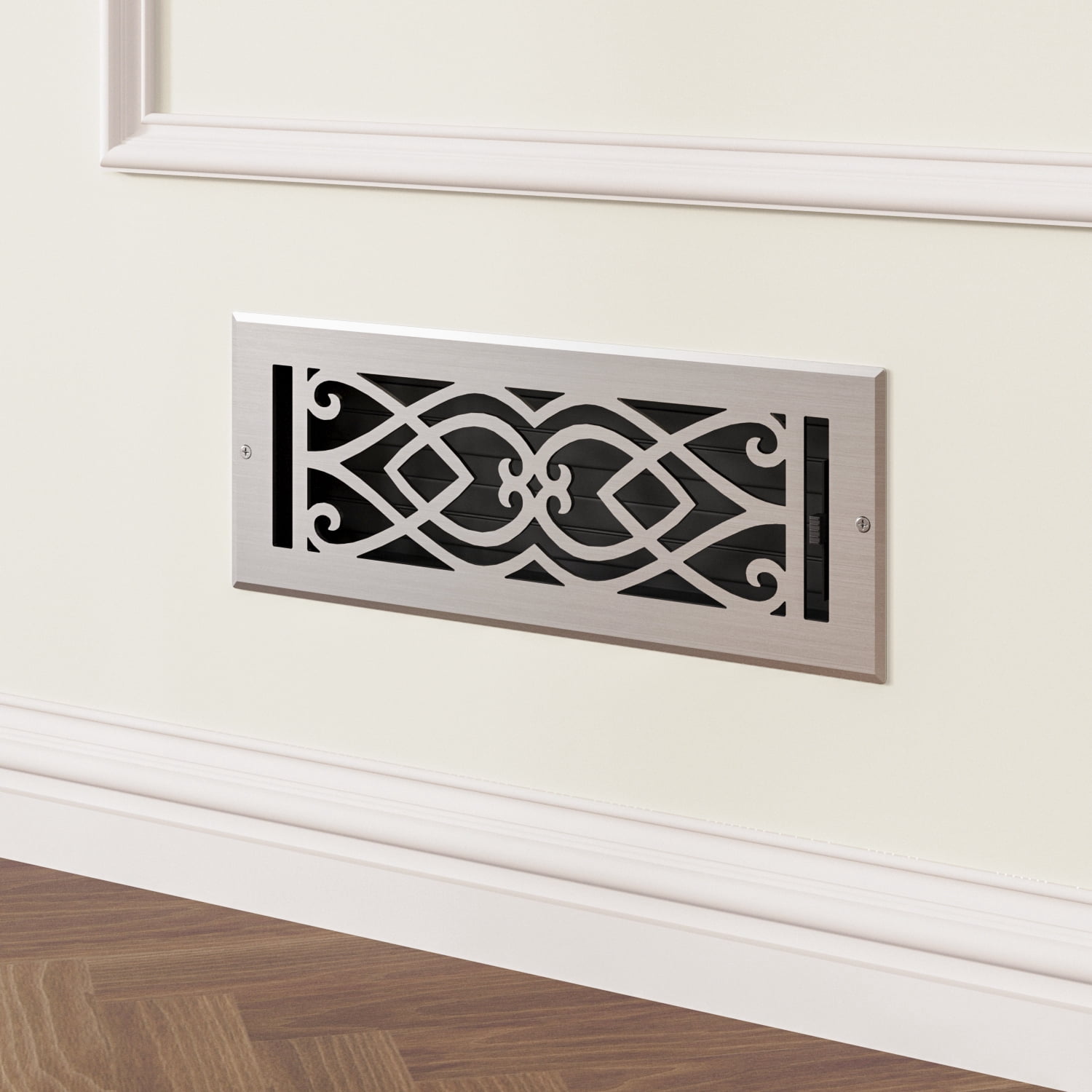 Naiture Stainless Steel Wall Register, Heavy Duty Rust-Resistant Wall Vent Cover, Metal Damper or Lever, Victorian Style Grille Wall Vent, Duct Size 4" X 10", Brushed Nickel Finish