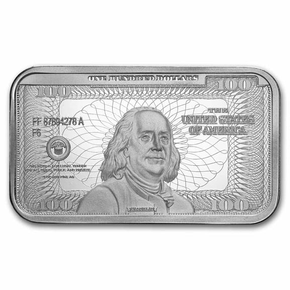 1 oz Silver Bar – Ben Franklin $100 Bill Design