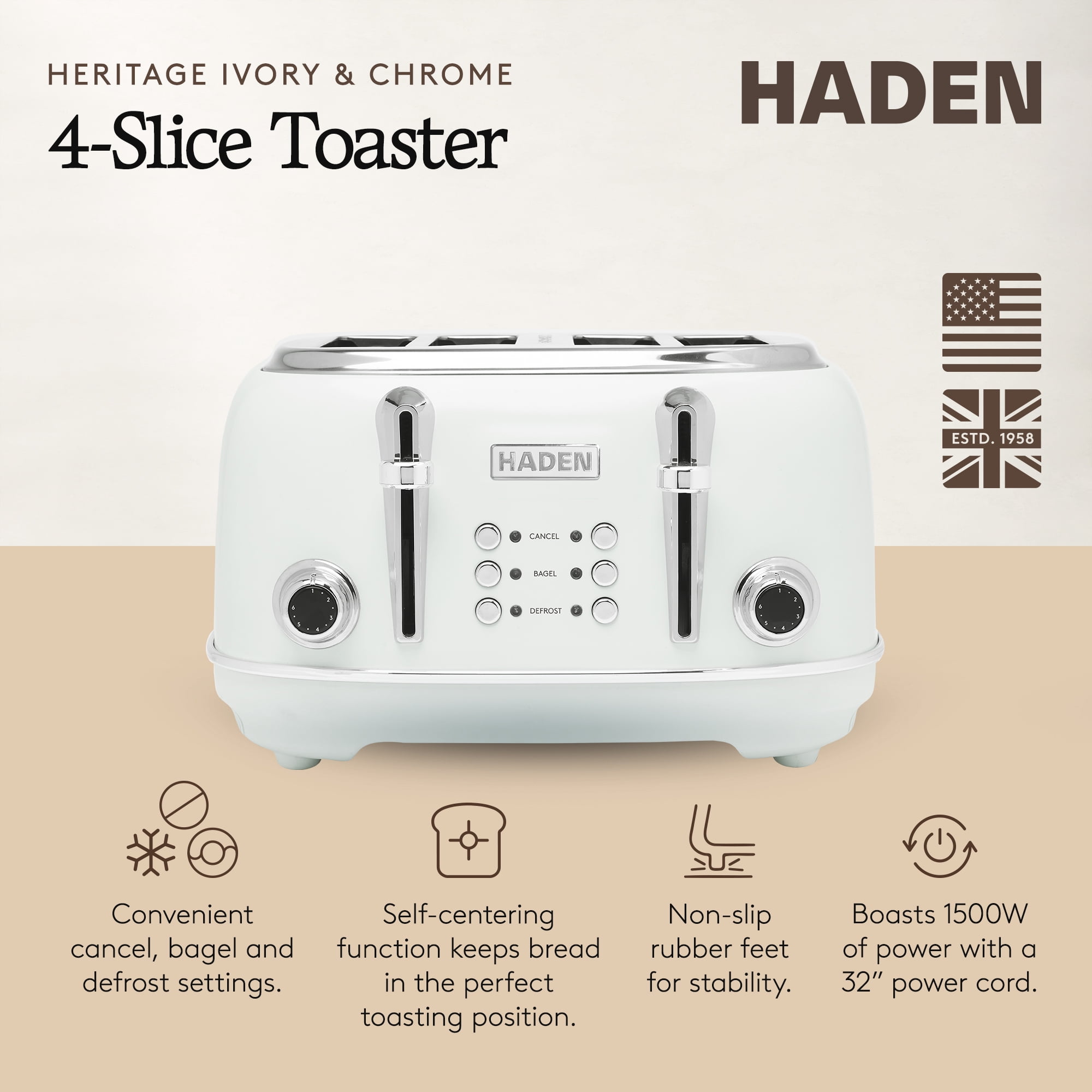 Haden Heritage 4-Slice Wide Slot Toaster, Ivory - 75013