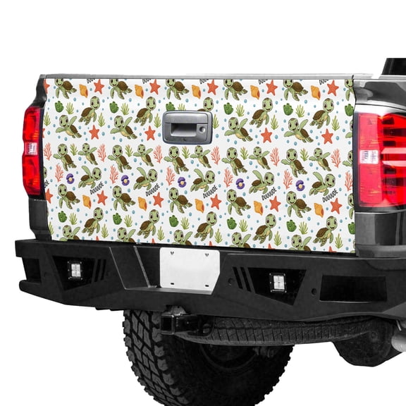 Cute Sea Turtle Tailgate Wrap – Cartoon Turtle Ocean Pattern Truck Tailgate Decal, Underwater Marine Life Pickup Tailgate Graphic