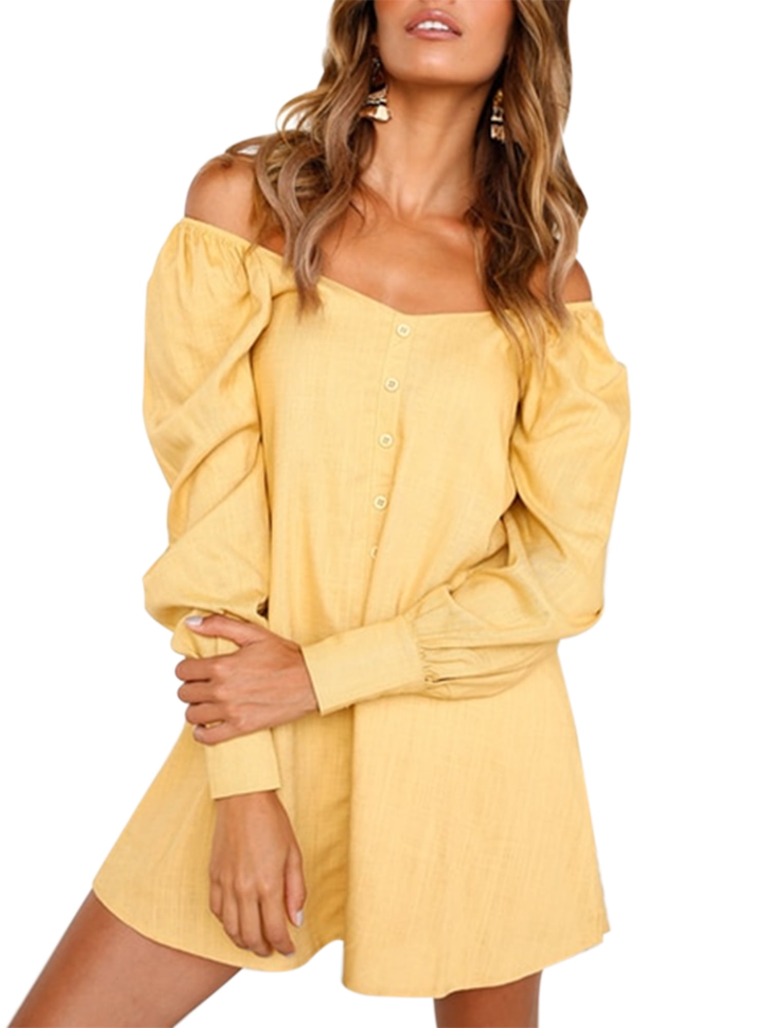 long sleeve off the shoulder button down dress