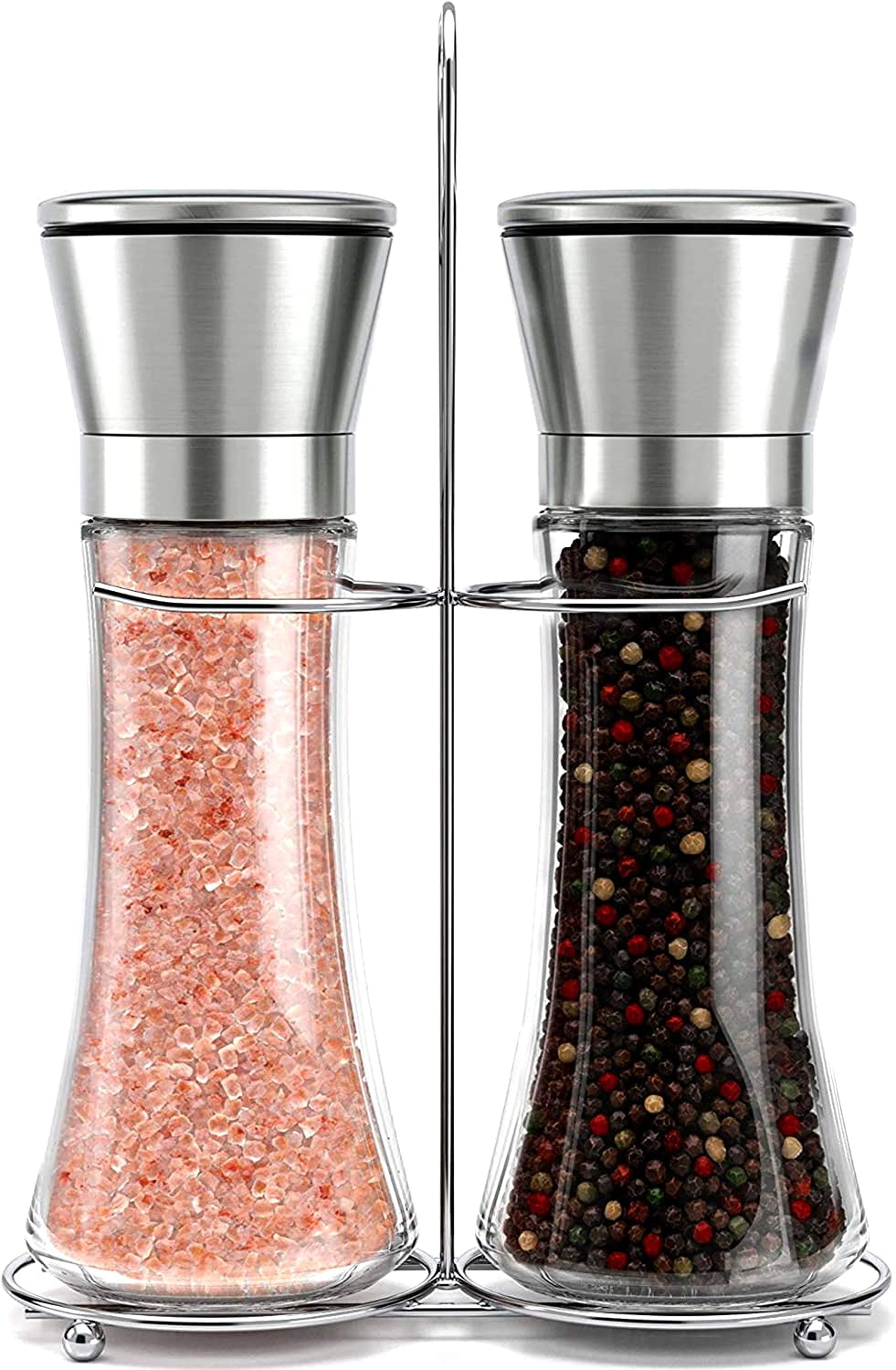 Kitchen Salt Pepper Grinder Set of 2 Stainless Steel Glass Adjustable Coarseness 