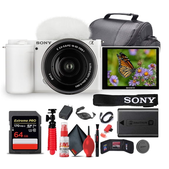 Sony ZV-E10 Mirrorless Camera with 16-50mm II Lens, White   Accessory Kit (International Model)