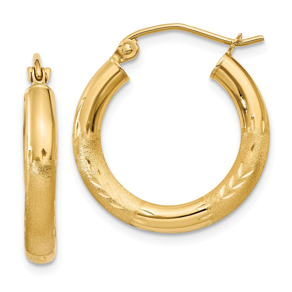 14K Yellow Gold Diamond-cut 3mm Round Hoop Earrings 