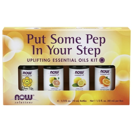 Essential Kit (NOW Essential Oils, Put Some Pep in Your Step Uplifting Aromatherapy Kit, 4x10ML Including, Orange Oil, Lemon Oil, Grapefruit Oil and Cheer Up Buttercup! OIl)