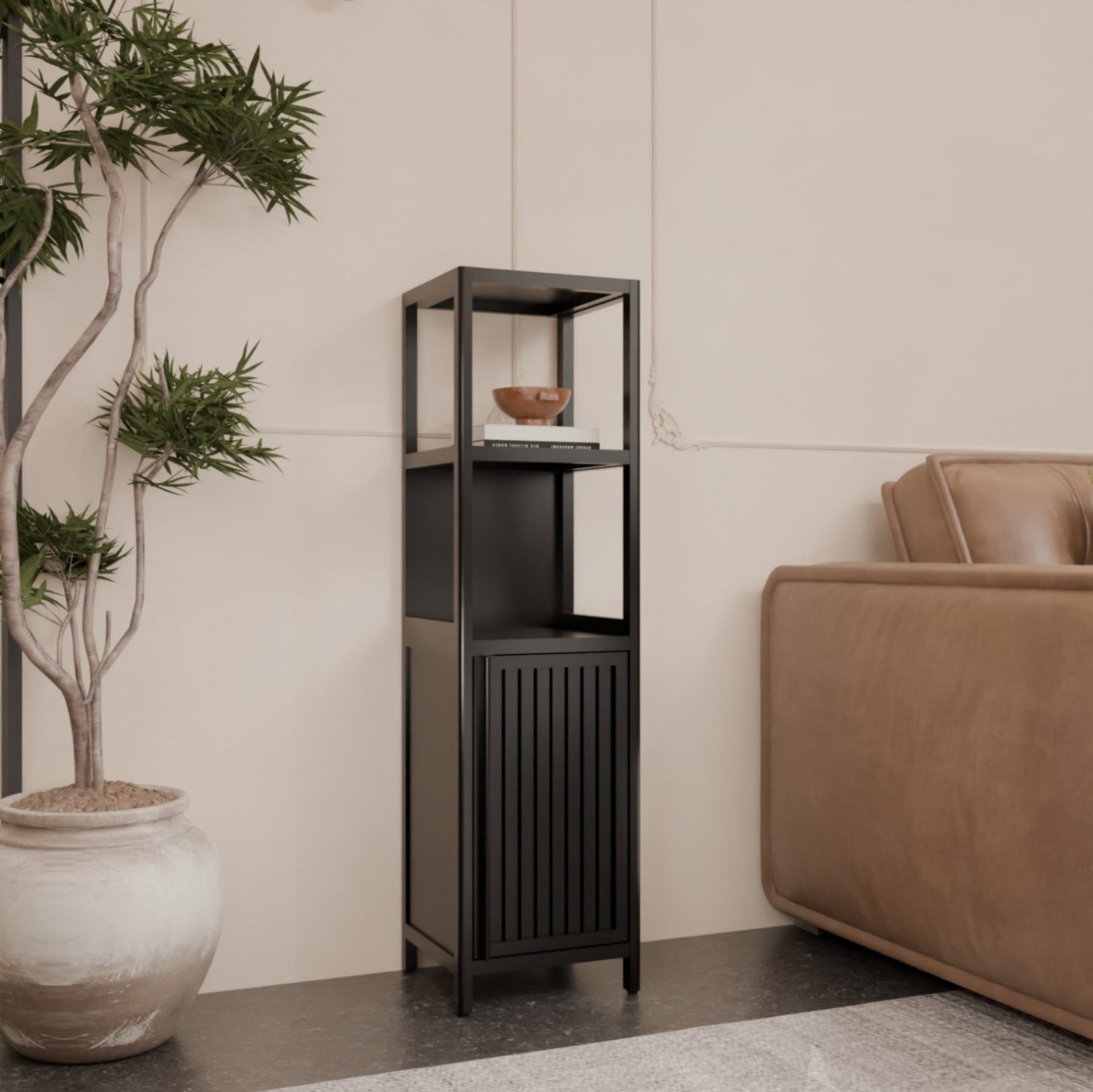 52" Bamboo Linen Tower Storage Cabinet, Bathroom Organizer with Doors & Open Shelves, Narrow Space-Saving Tall Cabinet, Black