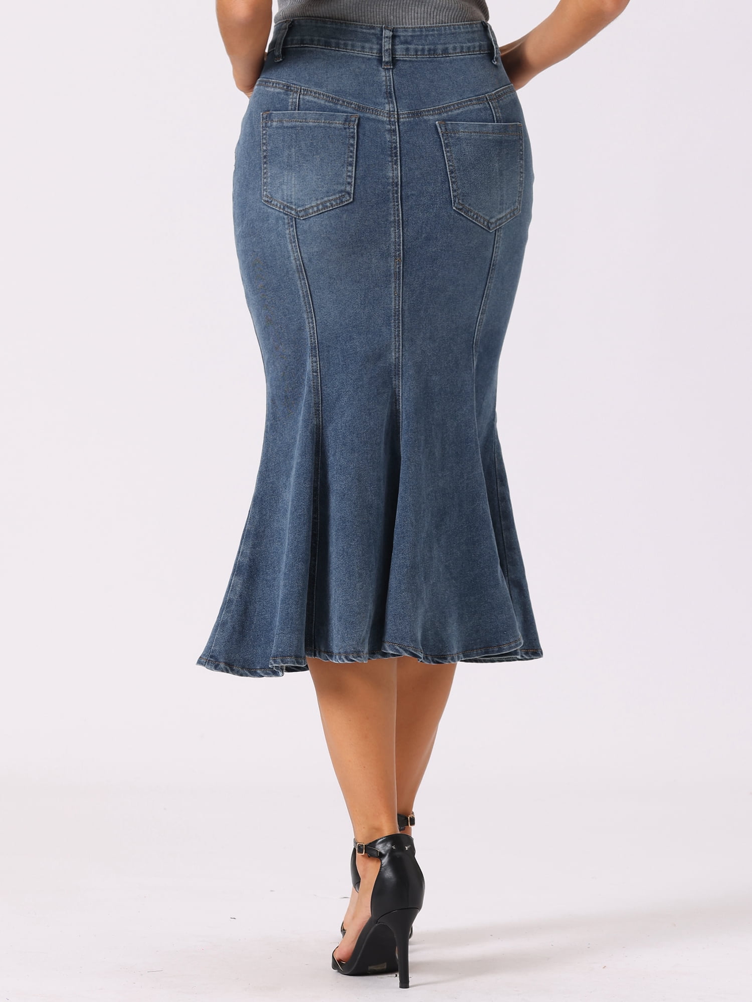 DARING DIVA Fishtail Denim Skirt Women's Washed Midi Jean Bodycon Skirt S Grey Blue