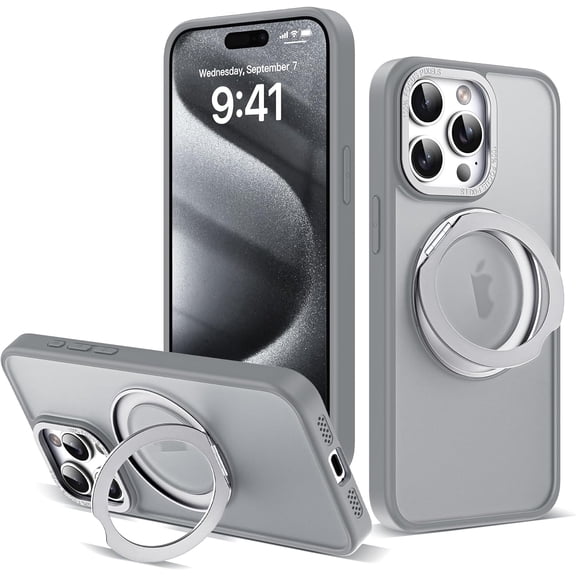for iPhone 15 Pro Max Case with 360° Rotatable & Magnetic Ring Stand [Compatible with Magsafe] Military-Grade Translucent iPhone 15 Pro Max Phone Case 6.7", Titanium Grey