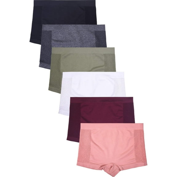 6-Pack Women's Seamless Boyshort Panties Soft Stretch Boxer Briefs, Mesh Panels Sides- Multi Color