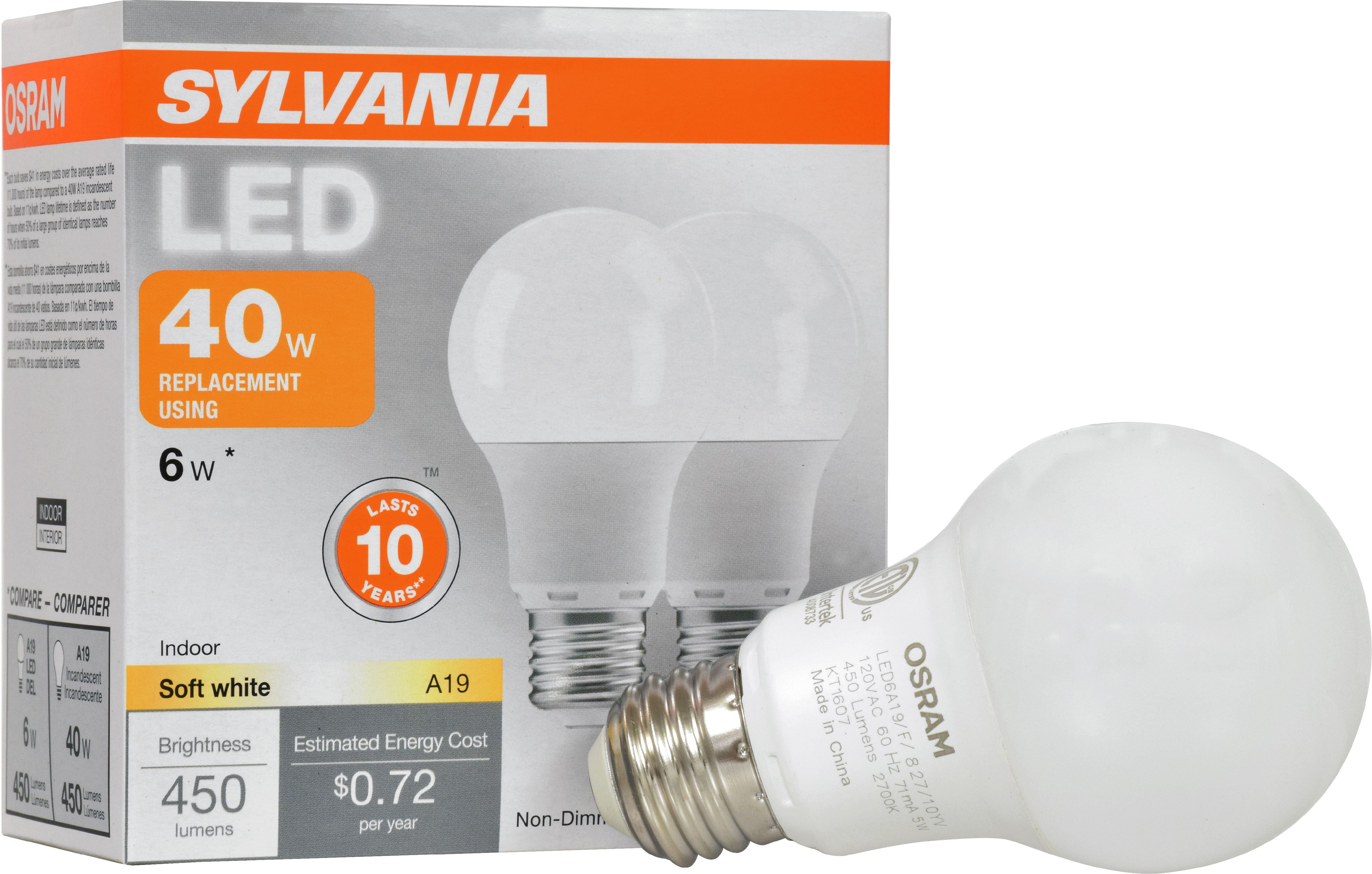 Sylvania LED Light Bulb, 40W Equivalent, A19, Soft White 2700K, 2 Pack