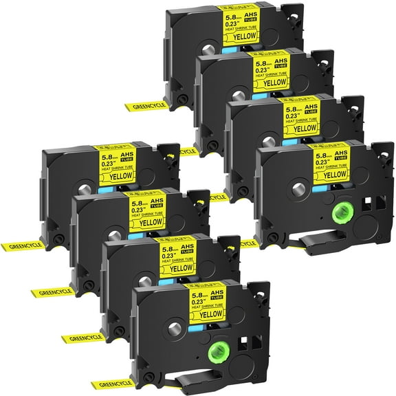 GREENCYCLE 8PK Compatible for Brother P-touch HSE-611 HS-611 HSe611 HS611 5.8mm 0.23" Black on Yellow Heat-shrink Label Tape