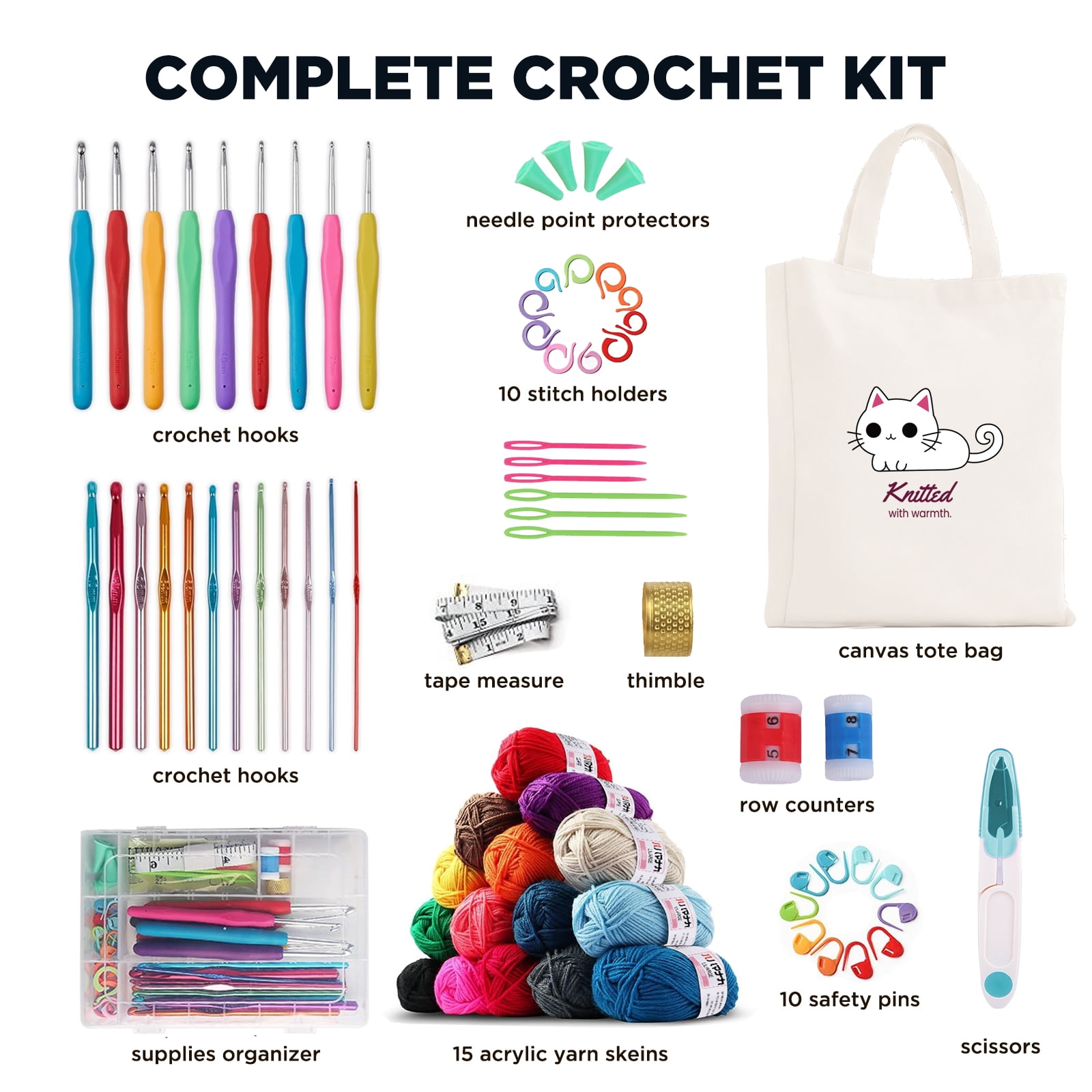 HUANCTOMA  Crochet Kit for Beginners Adults and Kids,Knitting Supplies With 1800yd Acrylic Yarn 21 Ergonomic Hooks Canvas Storage Bag Lots more
