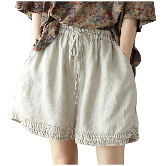 Curuila Shorts For Women High Waist Loose Wide Leg Solid Color Comfort Casual Shorts With Pocket Beige Size L