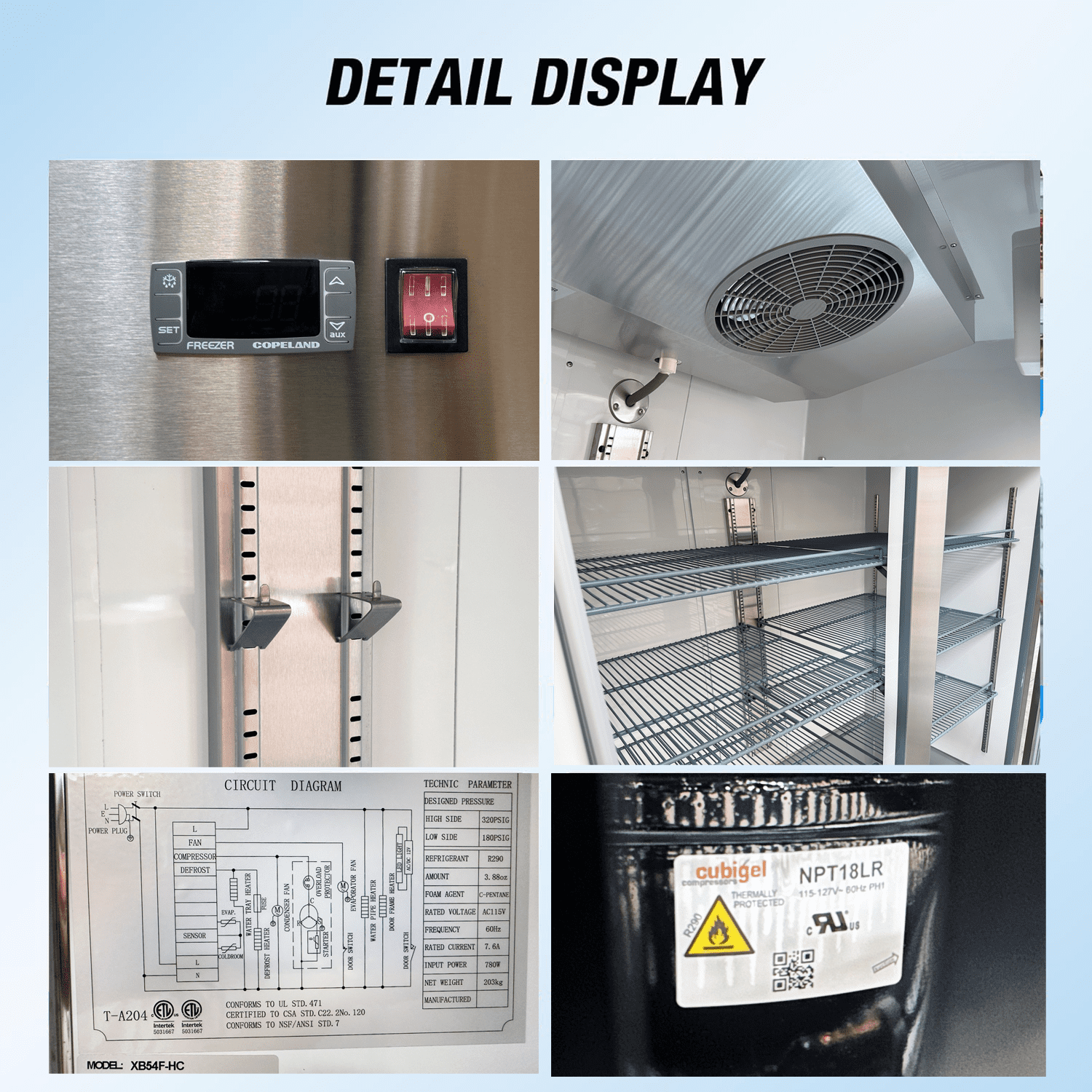 54in. 49cu.ft Commercial Reach in Freezer, Stainless Steel, Solid 2 Door Upright Fan Cooling freezer, NSF certified