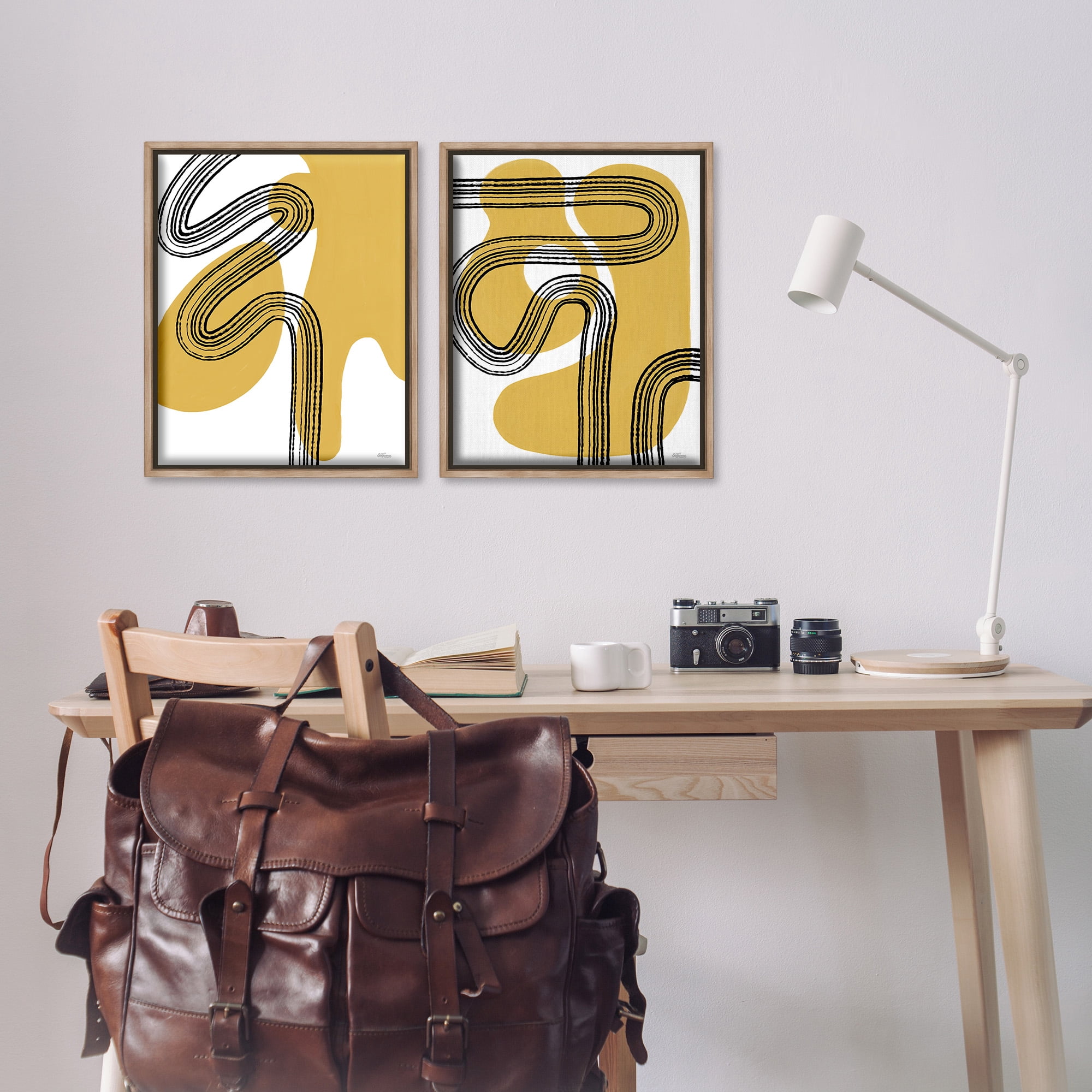 Stupell Industries Wavy Lines Over Shapes Abstract Painting Brown Floater Framed Canvas Art Print Wall Art, 17 x 21, Set of 2