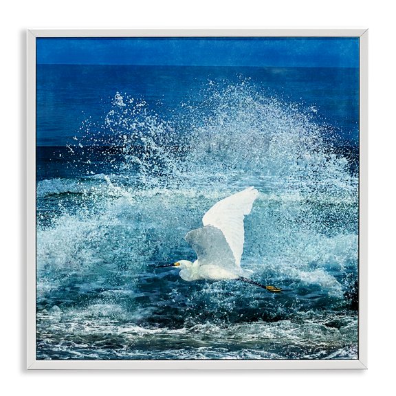 Stupell Industries Contemporary Egret Flying Waves Splashing White Framed Giclee Art, 24 x 24, by Christine Zalewski