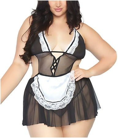 

Lingerie for Women s Sexy Plus Size Nightdress Maid Cosplay Uniform Lace Strappy Teddy Babydoll Bodysuit Sleepwear