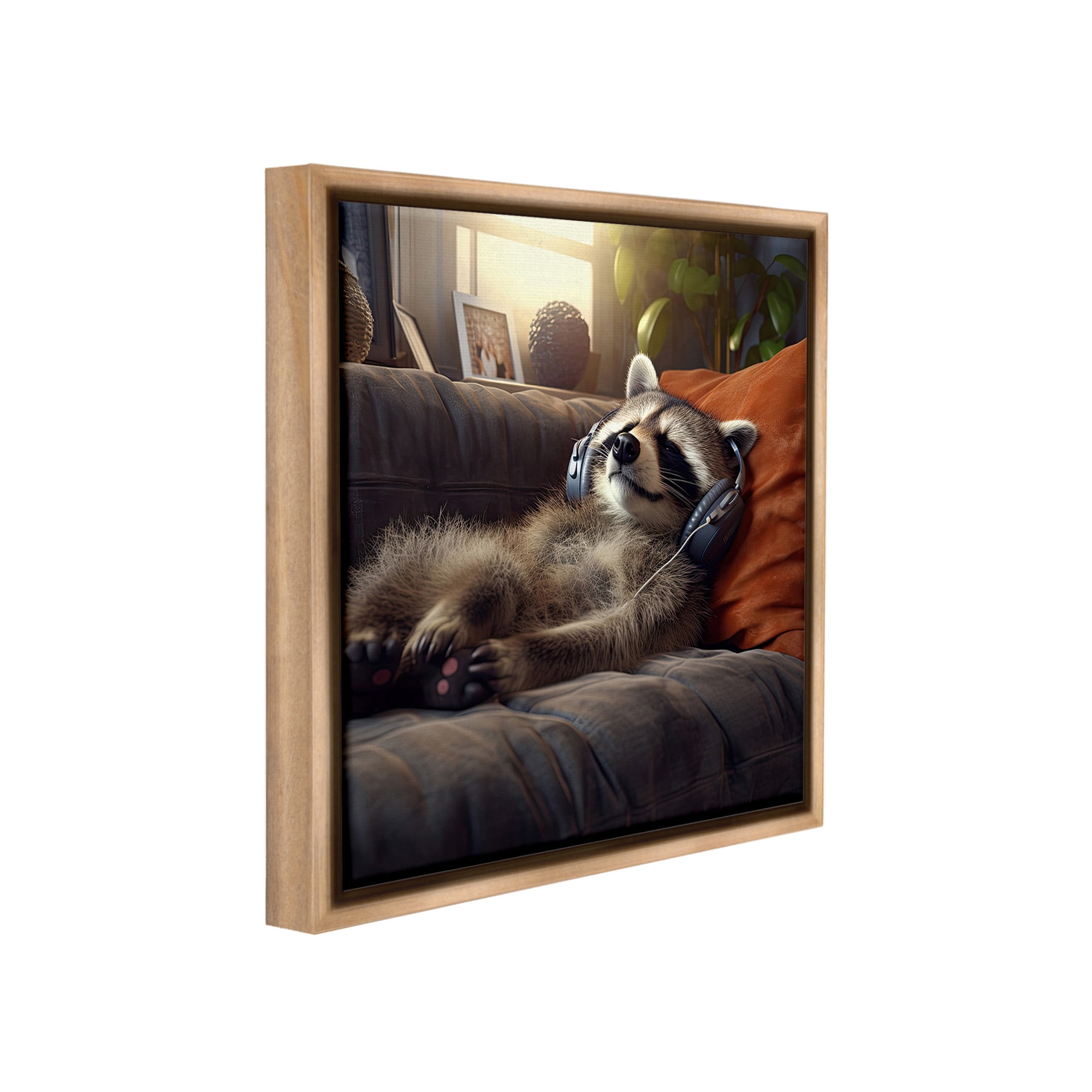 Stupell Industries Raccoon Relaxing Headphones Animals & Insects Painting Brown Floater Framed Canvas Art Print Wall Art, 25 x 25