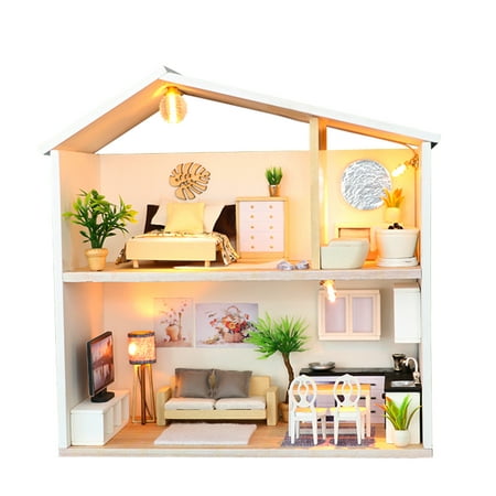 Mrosaa Miniature Dollhouse Kit Decorations with Lights and Furnitures DIY House Craft Kits Best Birthdays Gifts for Boys and