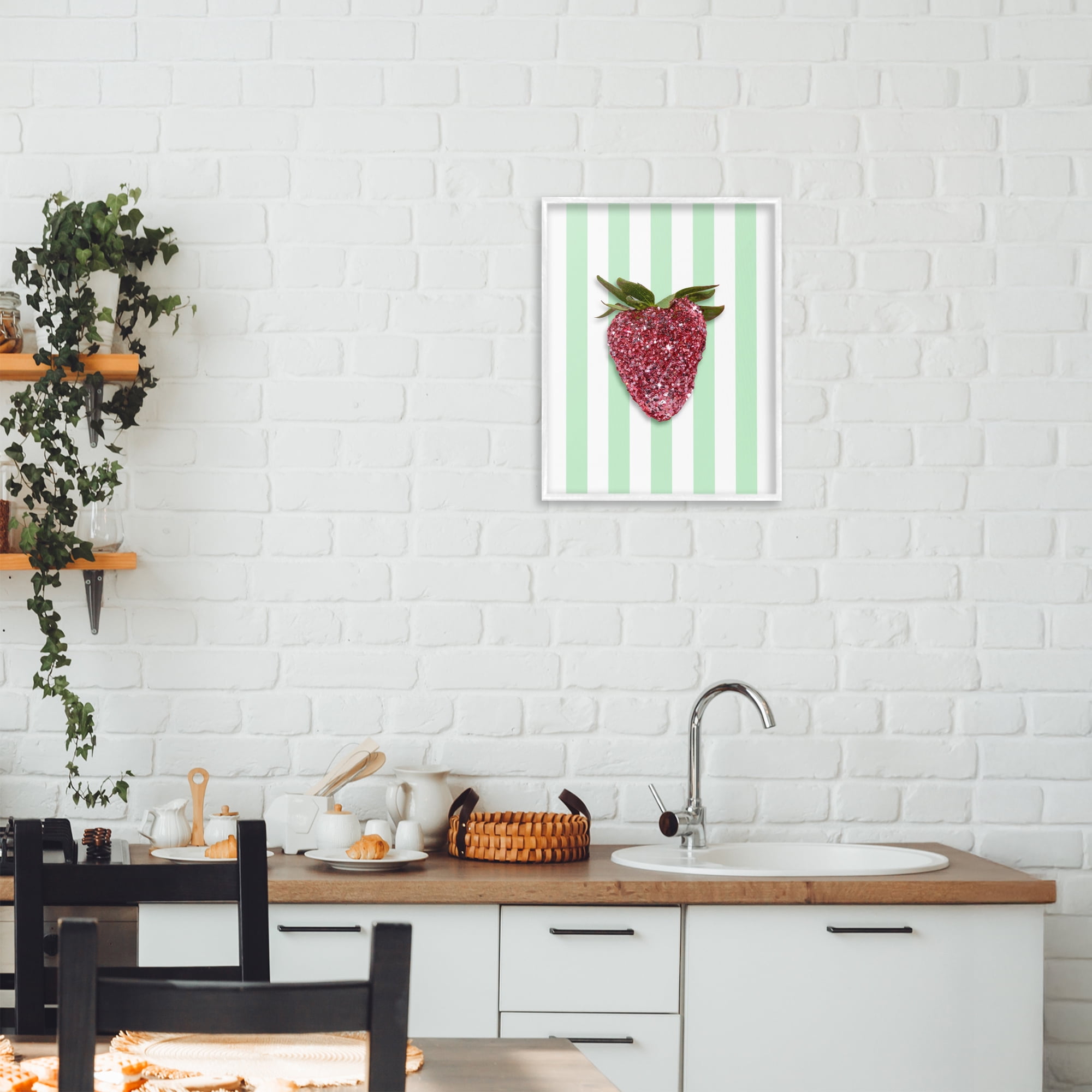 Stupell Industries Glimmer Cherry on Green Stripes White Framed Giclee Art, design by LISH Creative