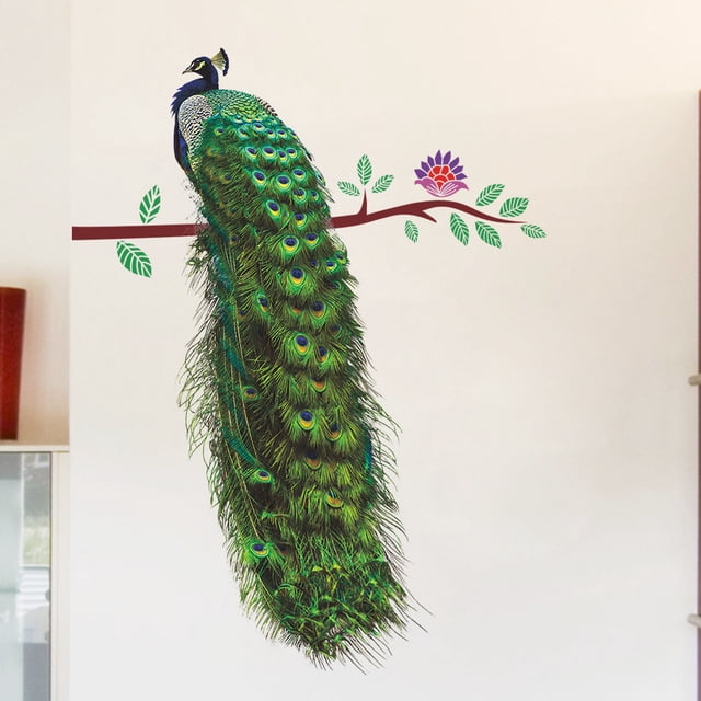 Adhesivo de pared con forma de rama de pavo real, plumas coloridas, 30 x 90 cm