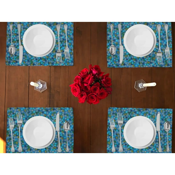 Small Flowers Allover Print Cotton Dinner Table Placemats Holiday Home Decoration 13" x 19" (Pack of 4)