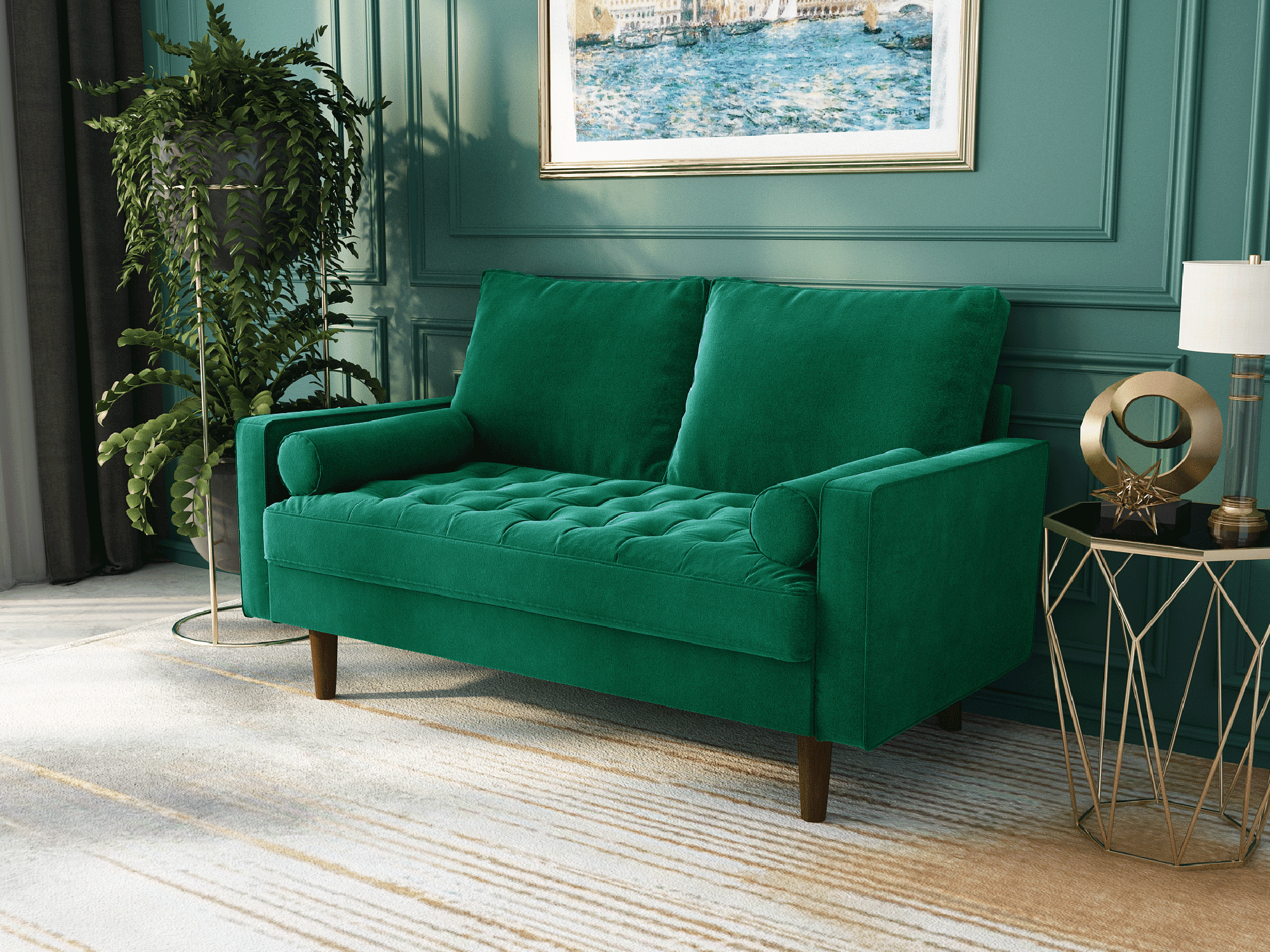 Koby Home Sectional Loveseat Couch Sofa Mid-Century 58" Sofas Couches for Living Room Emerald Green