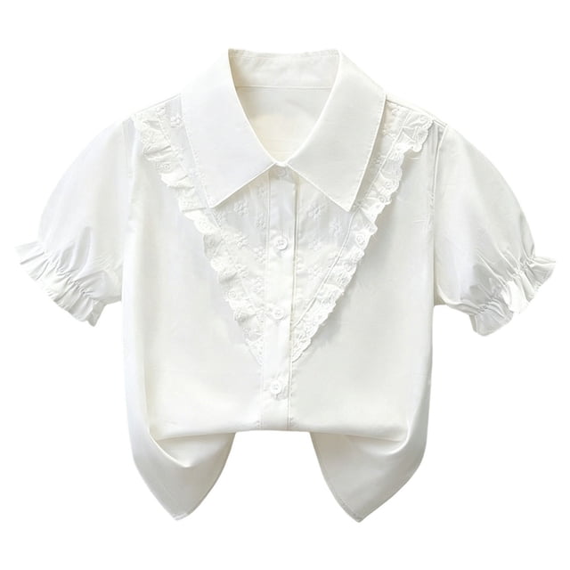 Odeerbi Camisa de Vestido de Algodón de Las Niñas Flor Bordado de Manga Corta Uniforme de La Escuela Con Bolsillo