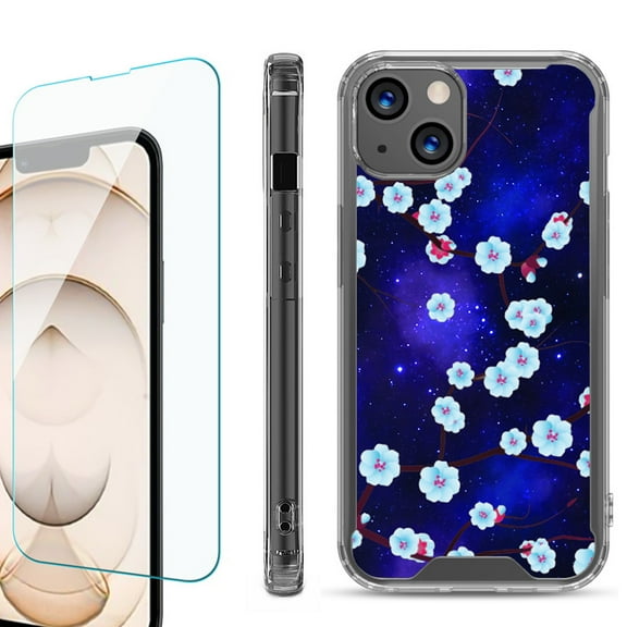 Shockproof Bumper Phone Case for iPhone 13, with Tempered Glass Screen Protector, by OneToughShield ® - Blossom Stars