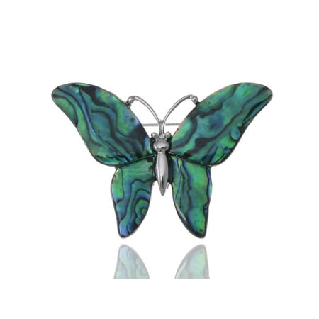 Shell Silver Brooch - Medium Glossy Watermarks Abalone Shell Winged Butterfly Silver Tone Pin Brooch