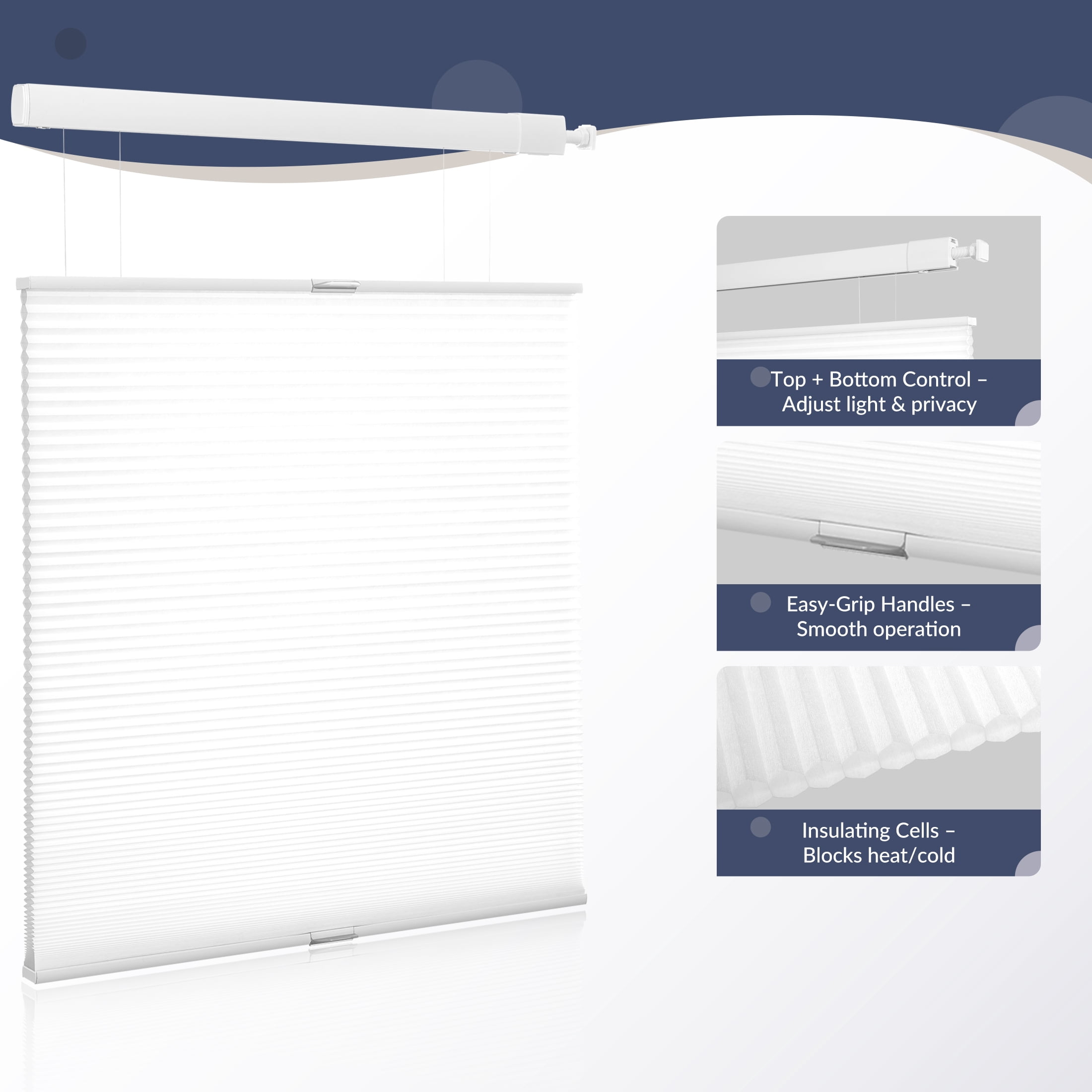 ZimJAHO No Drill No Tools Cellular Shades Cordless Top Down Bottom Up Honeycomb Blinds Blackout Window Blinds Easy to Install, Light Filtering-White, 30"W x 64"H