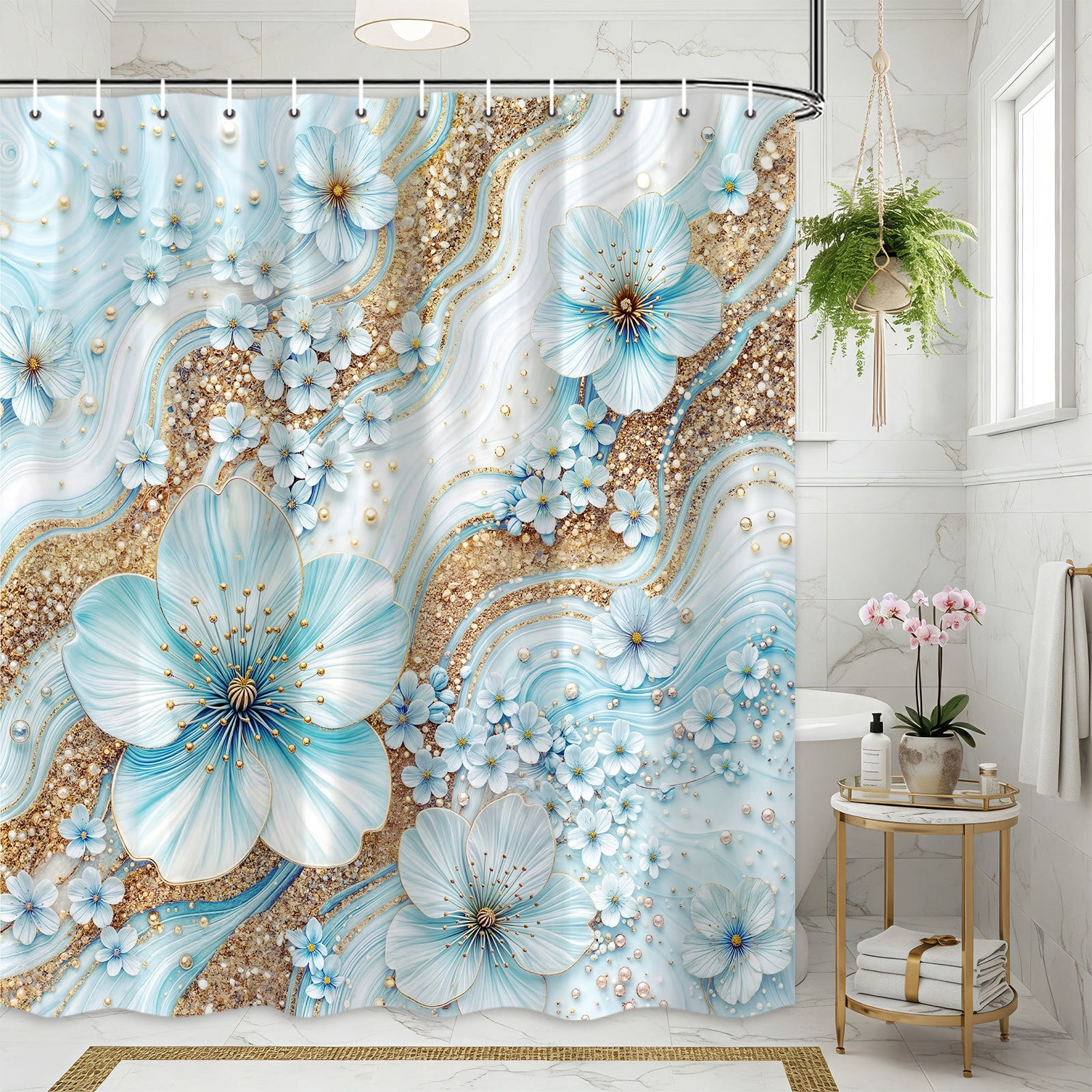 Blue Luxury Light Floral Shower Curtain, Elegant Boho Bathroom Decor, Cherry Blossom with Gold Glitter Marble Texture, Waterproof Washable Fabric Shower Curtain Set with Hooks,70X75in