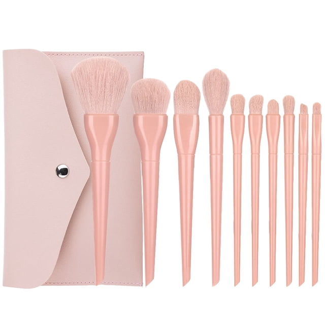 Minnieouse 10 piezas de brochas de maquillaje de belleza facial con mango largo, polvo de sombra de ojos portátil, salón profesional cosmético Pinceles de maquillaje y herramientas Rosado