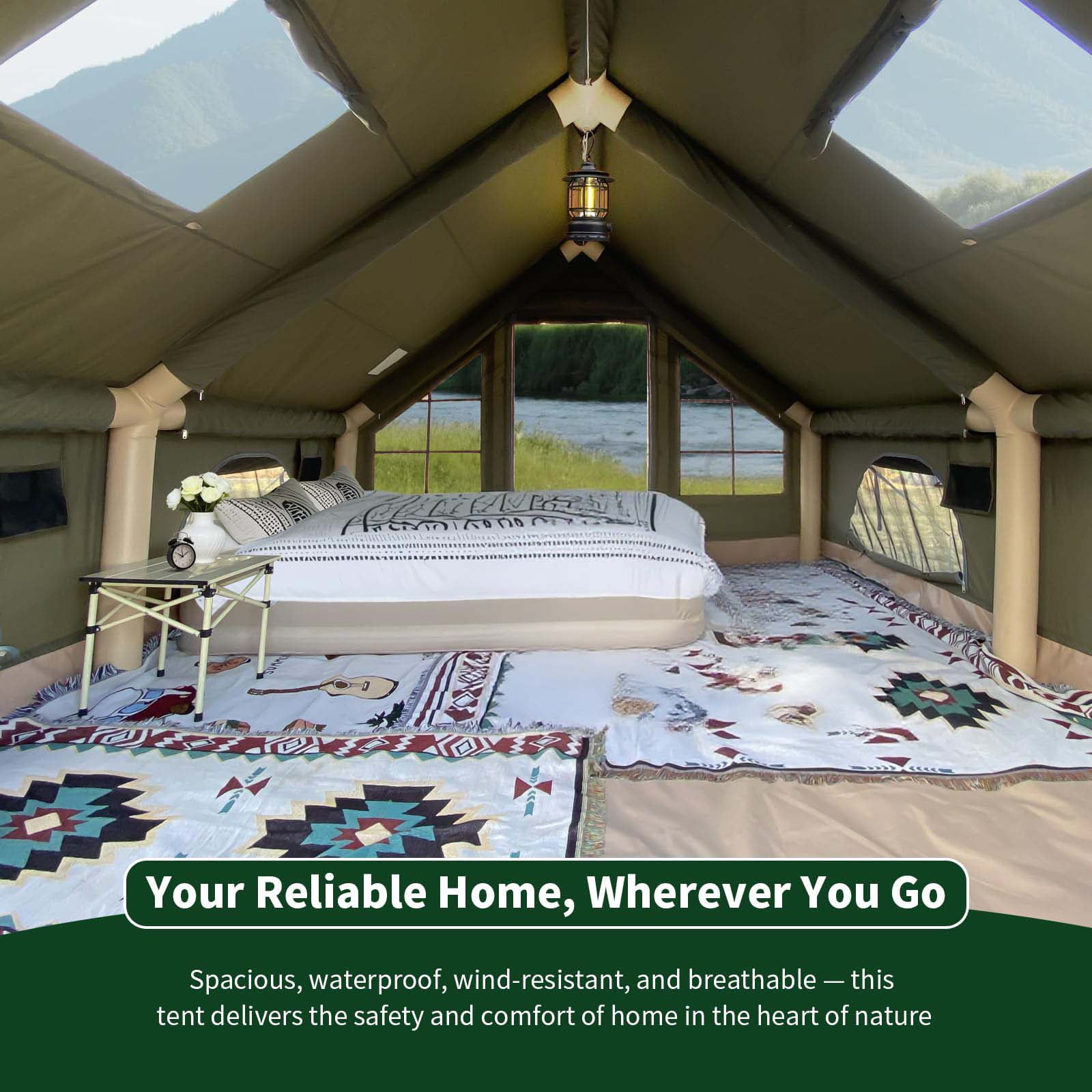 Inflatable Camping Tents 8-10 Person,129 Square Feets Large Inflatable Camping Tent with Stove Jack,Blow up Tent with Mesh Windows & Pump