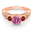 thumbnail image 2 of Gem Stone King 18K Rose Gold Plated Silver Pink Moissanite Red Garnet and White Moissanite Engagement Ring for Women (1.37 Cttw, Gemstone, Round 6MM and 3MM, Size 8), 2 of 4