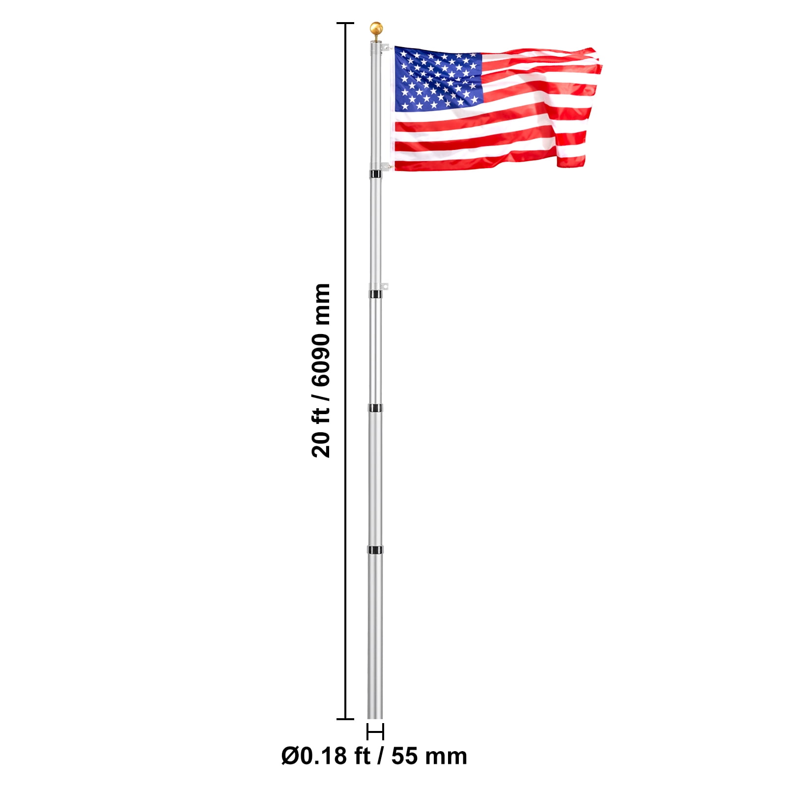 KFFKFF 20FT Extendable Flagpole Set, Sturdy Aluminum Alloy Outdoor Flag Poles, 3 Presentation Styles Flagpole with 3x5 American Flag, Expert Gear, Silver