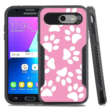 Carbon Fiber Phone Protector Case - Dual-Layer Case for Samsung Galaxy J3 Luna Pro 4G LTE / J3 Eclipse / J3 Emerge / J3 Prime, OneToughShield ? Hybrid shockproof Protector Phone Case with Carbon Fiber Texture - Pet Paw/ Pink