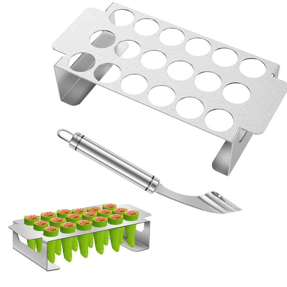 Artrylin 18 Holes Jalapeno Grill Rack with Corer Tool, Jalapeno Popper Holder, Chili Pepper Corer Tool, Stainless Steel Drumstick Chicken Wings Roaster for BBQ Smoker and Oven(Silver)
