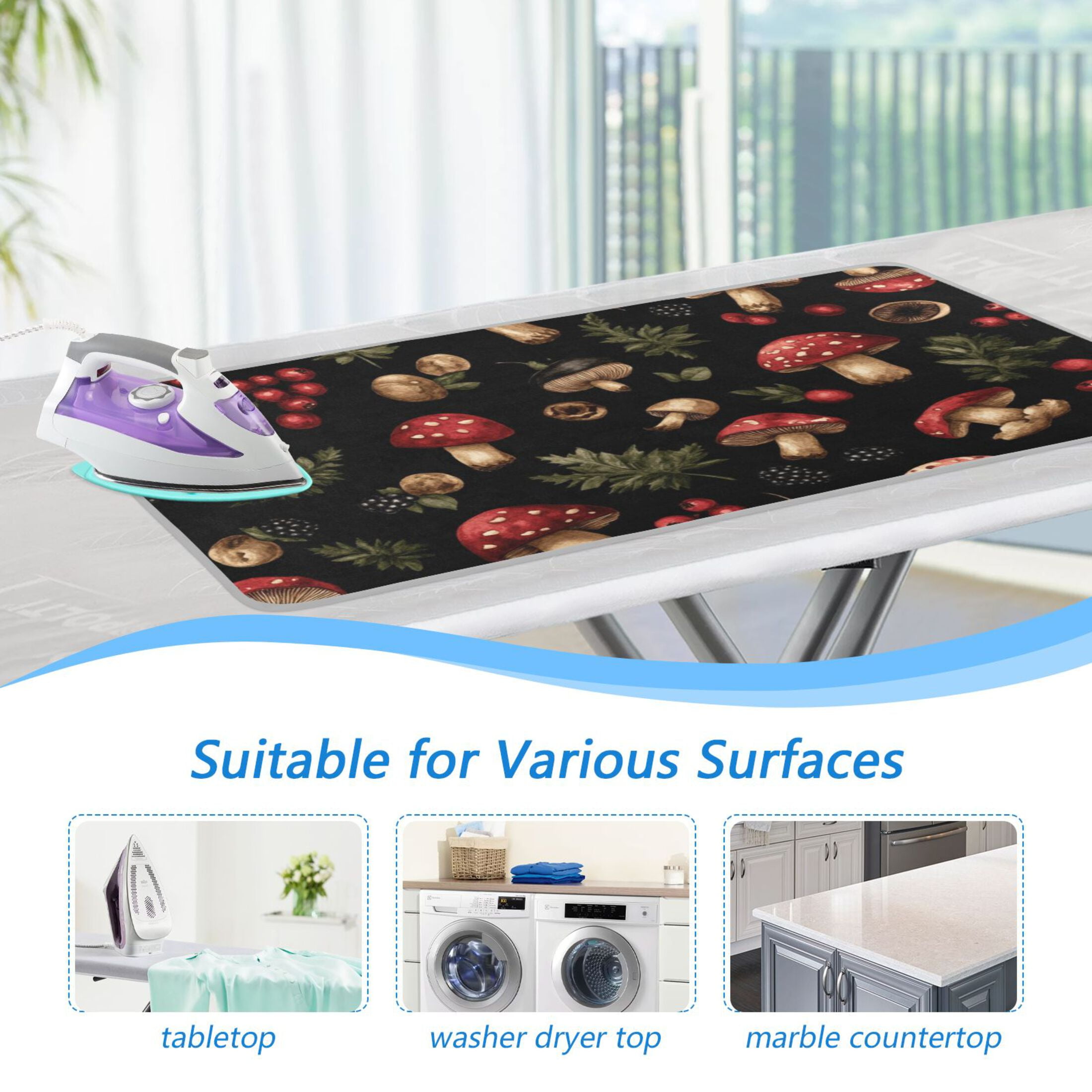 Black Background with Red Mushrooms Ironing Mat Blanket for Table Top Travel Portable Ironing Board Pad 47.2x27.6 Inch