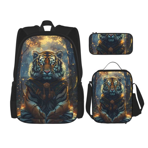 Kdxio Forest Meditating Tiger Print School Study Combo Set Backpack with Lunch Bag Pencil Case Oxford Lightweight Durable Travel Organization Kit