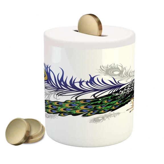 Peacock Piggy Bank, Male Peacock Feathers Springtime Wilderness Crowned Majestic Animal Pattern, Ceramic Coin Bank Money Box for Cash Saving, 3.6" X 3.2", Multicolor, by Ambesonne