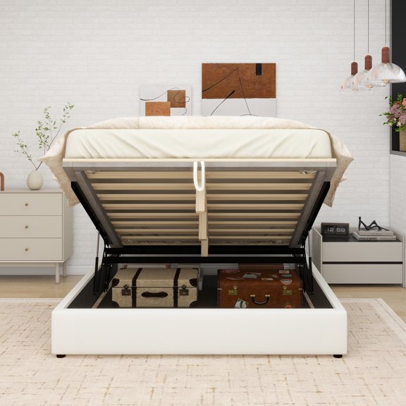 Teddy Fleece Queen Size Upholstered Platform Bed with Hydraulic Storage System, White